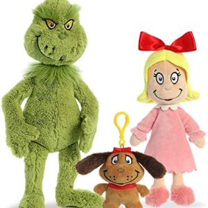 Aurora World Aurora Dr. Seuss Cindy Lou Who 12", Grinch 18", and his Dog Max 4" Clip On Special Set of 3 Plush Toys, Green, Red, Brown, Yellow
