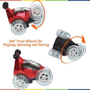 Dimple Red RC Light Up Rechargeable Remote Controlled Acrobatic Flip Stunt Car for Boys and Girls with 360◦ Front Wheels for Flipping, Spinning and Racing, Lights Up & Music