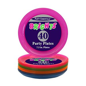 Party Essentials Hard Plastic 7.5-Inch Round Party/Salad Plates, Assorted Neon, 40 Count