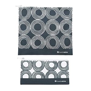 Lunchskins Reusable 2 Piece Zippered Food Storage Bag Set, 1 Sandwich Bag + 1 Snack Bag, Charcoal Circles