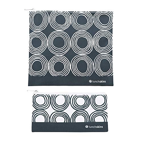 Lunchskins Reusable 2 Piece Zippered Food Storage Bag Set, 1 Sandwich Bag + 1 Snack Bag, Charcoal Circles