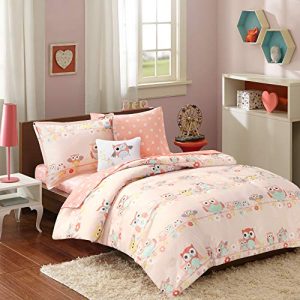 Mi Zone Kids Wise Wendy Comforter Reversible Bag Cute Owl Flower Floral Botanical Happy Printed Ultra-Soft Overfilled Down Alternative Hypoallergenic All Season Bedding-Set, Queen, Blush