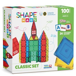 Shapemags 100 Piece Tiles Set Clear Colors Magnetic Blocks, Made with Power+Magnets, Includes 24 StileMags, a 12X12 Stabilizer Plate and Car Base