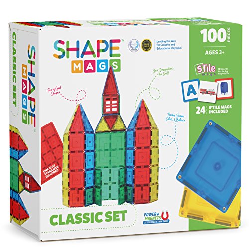 Shapemags 100 Piece Tiles Set Clear Colors Magnetic Blocks, Made with Power+Magnets, Includes 24 StileMags, a 12X12 Stabilizer Plate and Car Base