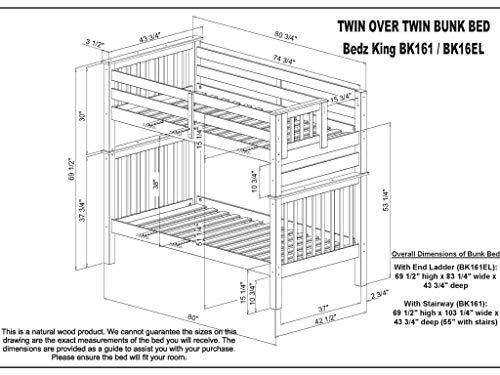 Bedz King Tall Stairway Bunk Beds Twin over Twin with 4 Drawers in the Steps, Honey