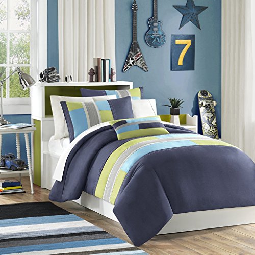MI ZONE Pipeline King/Cal King Duvet Cover Set Kids Boy - Navy Blue, Striped Pieced – 4 Piece Bed Set Cover – Ultra Soft Microfiber Kid Boys Bedding Set