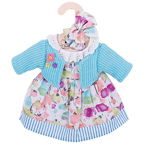 Bigjigs Toys Turquoise Rag Doll Cardigan and Flowery Dress for 13" Bigjigs Toys Soft Doll with Additional Matching Hair Accessories