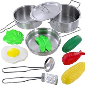 Click N' Play 12 Piece Mini Stainless Steel Pots and Pans Cookware Pretend Playset with Play Food