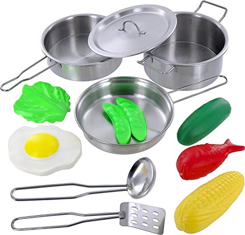 Click N' Play 12 Piece Mini Stainless Steel Pots and Pans Cookware Pretend Playset with Play Food