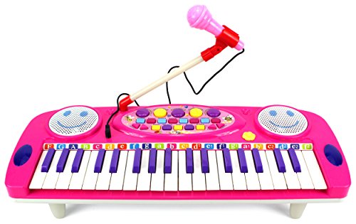 Happy Face 37 Keys Electric Organ Children's Kid's Battery Operated Toy Piano Keyboard Instrument w/ Microphone (Pink)