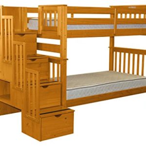 Bedz King Tall Stairway Bunk Beds Twin over Twin with 4 Drawers in the Steps, Honey
