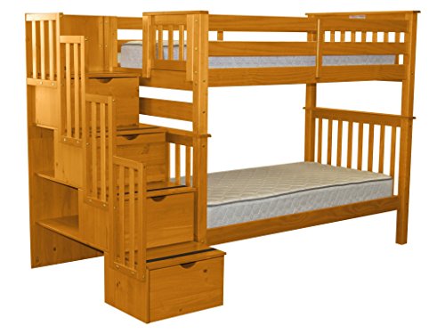 Bedz King Tall Stairway Bunk Beds Twin over Twin with 4 Drawers in the Steps, Honey