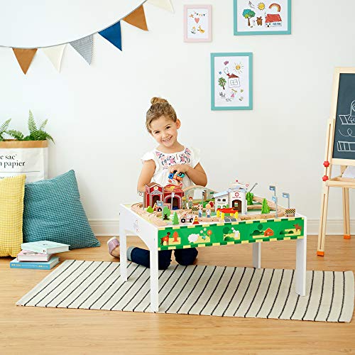 Teamson Kids - 85 Pcs Train Set and Table Wooden Tracks & Accessories Preschool Play Lab Toys Country for Boys Kids Toddlers - White