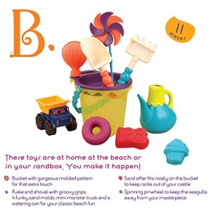 B. toys – B. Ready Beach Bag – Beach Tote with Mesh Panel and 11 Funky Sand Toys – Phthalates and BPA Free – 18 m+, Lime Bucket
