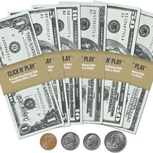 Click N' Play Pretend Play Money for Kids Realistic Bills and Coins Counting Math Currency Set of 300 Pieces.