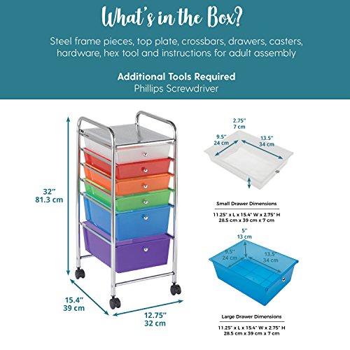 ECR4Kids 6-Drawer Mobile Organizer, Assorted Colors