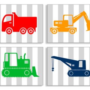 The Kids Room By Stupell Construction Vehicles On Gray Stripes 4-Pc. Rectangle Wall Plaque Set, Proudly Made in USA