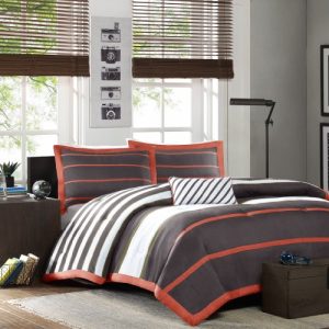 Mi Zone Ashton Full/Queen Kids Bedding Sets for Boys - Orange, Grey, Stripes – 4 Pieces Boy Comforter Set – Ultra Soft Microfiber Kid Childrens Bedroom Comforters