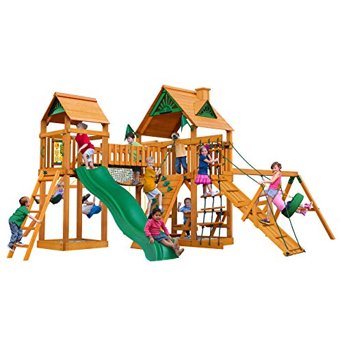 Gorilla Playsets 01-0006-AP Pioneer Peak Wood Swing Set with Wood Roof, Tire Swing, Clatter Bridge and Tower, Ramp, Slide, Two Swings, Amber