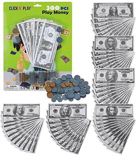Click N' Play Pretend Play Money for Kids Realistic Bills and Coins Counting Math Currency Set of 300 Pieces.