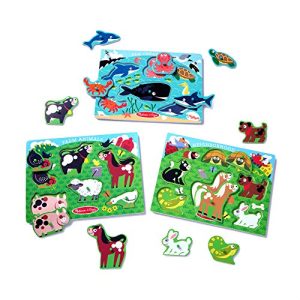 Melissa & Doug Peg Puzzles Set, Farm Animals, Pets, Ocean (3 Peg Puzzles, Best for 2, 3, and 4 Year Olds) & Disney Classics Alphabet Wooden Peg Puzzle (26 Pieces, Best for 3, 4, 5 Year Olds and Up)