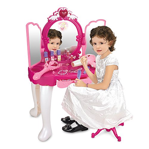SainSmart Jr. Pretend Princess Girls Vanity Table with Fairy Infrared Control and MP3 Music Playing, Princess Dressing Makeup Table, with Mirror, Cosmetics and Working Hair Dryer
