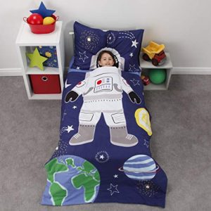 Everything Kids Glow in The Dark 4 Piece Toddler Bed Comforter Set, Space Astronaut, Navy/Green/Yellow/White