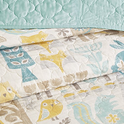 INK+IVY Kids Woodland Full/Queen Girls Boys Kids Quilt Set - Yellow Aqua, Animal – 4 Piece Kids Bedding Set – Cotton Quilt Sets Coverlet