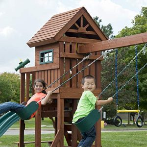 Swing-N-Slide PB 8331 Playful Palace Swing Set with Slide, Swings, Wood Roof, Picnic Table & Climbing Wall, Wood