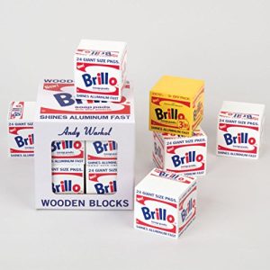 Mudpuppy Andy Warhol Brillo Wooden Blocks - 8 Pieces, 7 White and 1 Yellow Brillo Box Sculptures, Perfect for Children and Adults Ages 2+