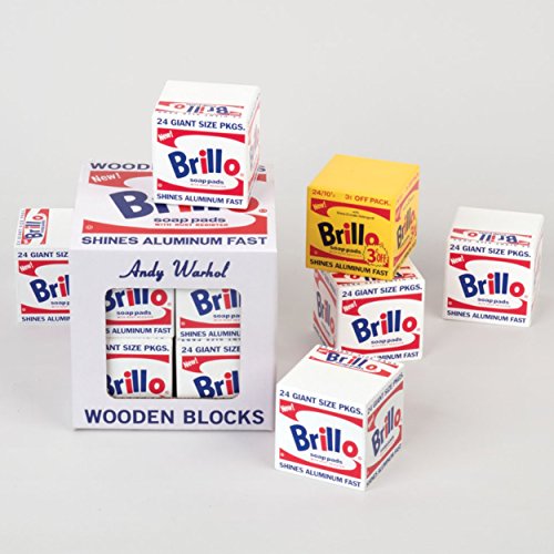 Mudpuppy Andy Warhol Brillo Wooden Blocks - 8 Pieces, 7 White and 1 Yellow Brillo Box Sculptures, Perfect for Children and Adults Ages 2+
