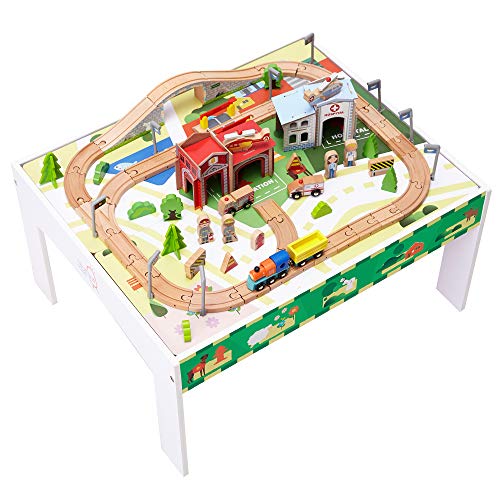 Teamson Kids - 85 Pcs Train Set and Table Wooden Tracks & Accessories Preschool Play Lab Toys Country for Boys Kids Toddlers - White