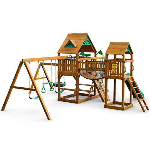 Gorilla Playsets 01-0006-AP Pioneer Peak Wood Swing Set with Wood Roof, Tire Swing, Clatter Bridge and Tower, Ramp, Slide, Two Swings, Amber