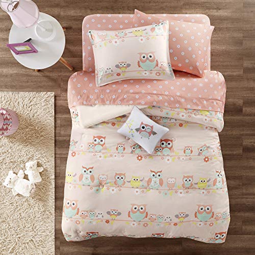 Mi Zone Kids Wise Wendy Comforter Reversible Bag Cute Owl Flower Floral Botanical Happy Printed Ultra-Soft Overfilled Down Alternative Hypoallergenic All Season Bedding-Set, Queen, Blush