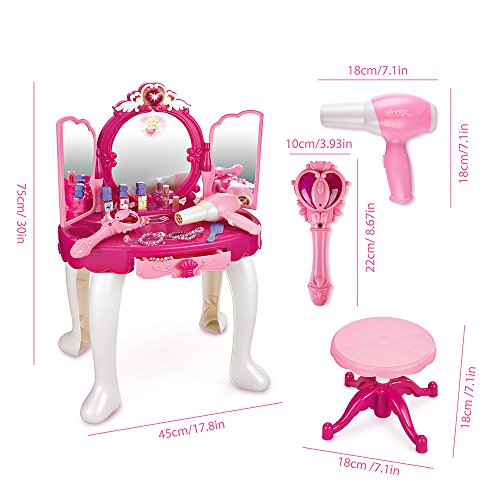 SainSmart Jr. Pretend Princess Girls Vanity Table with Fairy Infrared Control and MP3 Music Playing, Princess Dressing Makeup Table, with Mirror, Cosmetics and Working Hair Dryer
