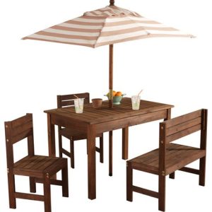 KidKraft Wooden Outdoor Children's Patio Set with Table, 2 Chairs & Beige & White Striped Fabric Umbrella