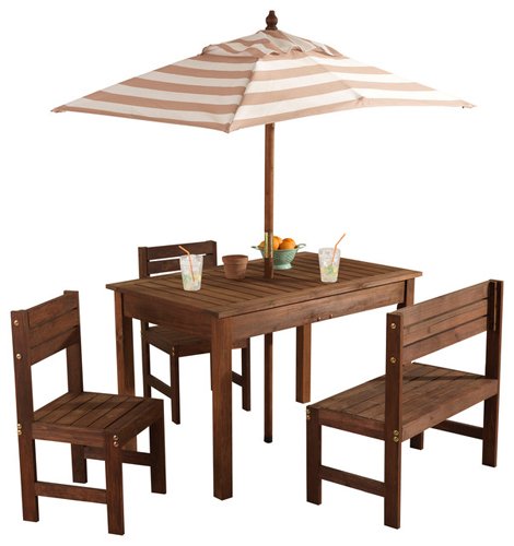 KidKraft Wooden Outdoor Children's Patio Set with Table, 2 Chairs & Beige & White Striped Fabric Umbrella