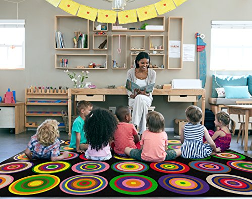 Flagship Carpets FE160-58A Color Rings Black (Seats 35) Children's Classroom Seating Rug, Rectangle, 10'6"x13'2"