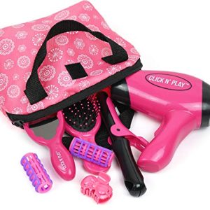 Click N' Play Set of 8 Kids Pretend Play Beauty Salon Fashion Play Set with Hairdryer, Curling Iron, Mirror & Hair Styling Accessories with a Beauty Tote Bag