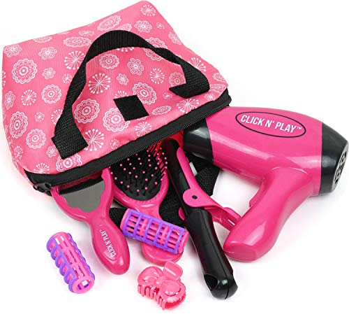 Click N' Play Set of 8 Kids Pretend Play Beauty Salon Fashion Play Set with Hairdryer, Curling Iron, Mirror & Hair Styling Accessories with a Beauty Tote Bag