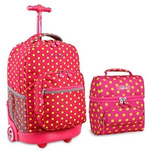 J World Combo Rolling Backpack & Lunch Bag Back to School Bundle Set Sunrise / Corey, Pink Buttons