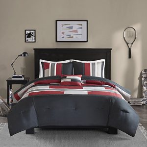 Comfort Spaces Pierre 4 Piece Comforter Set All Season Ultra Soft Hypoallergenic Microfiber Pipeline Stripe Boys Dormitory Bedding, Full/Queen, Black Red