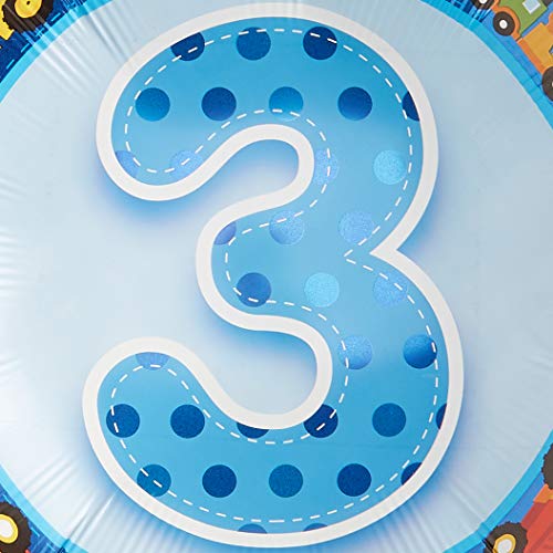 Qualatex Foil Balloon 26291 AGE 3 BLUE TRUCKS & DIGGERS, 18", Multicolored