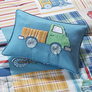 Mi Zone Kids Choo Choo Charlie Twin Kids Bedding Sets for Boys - Blue, Parchwork Trains, Plane, Plaid – 6 Pieces Boy Comforter Set – Ultra Soft Microfiber Kid Childrens Bedroom Comforters