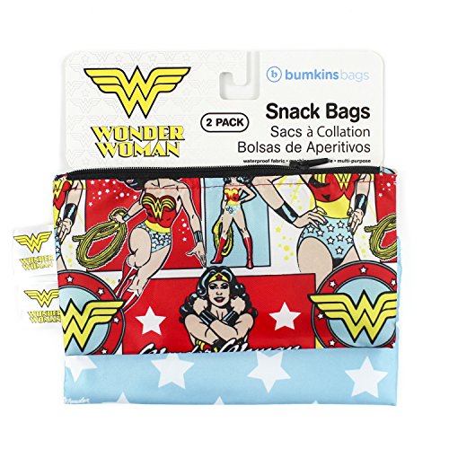 Bumkins DC Comics Wonder Woman Snack Bags, Reusable, Washable, Food Safe, BPA Free, Pack of 2