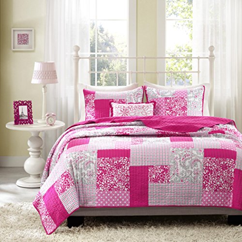 Mi-Zone Abbey Twin/Twin XL Girls Quilt Bedding Set - Hot Pink, Pieced Floral, Polka Dot, Paisley – 3 Piece Teen Girl Bedding Quilt Coverlets – Ultra Soft Microfiber Bed Quilts Quilted Coverlet