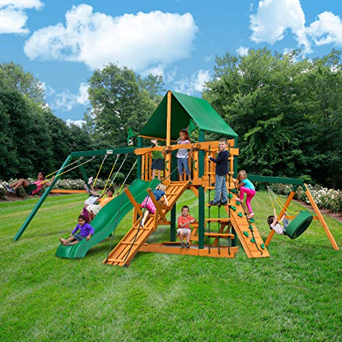 Gorilla Playsets 01-0004-TS-1 Frontier Wooden Swing Set with Green Vinyl Canopy, Timber Shield Posts, Slide and Tire Swing