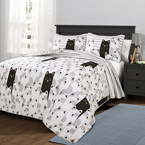 Lush Decor Bear Striped Quilt Reversible 2 Piece Cartoon Zoo Kids Bedding Set-Twin-Gray and Black