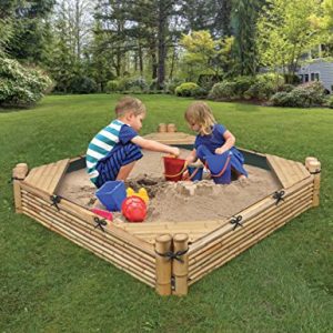 Badger Basket Bamboo Beach Sandbox with Liner & Cover Sandbox with Cover & Liner, Natural/Green