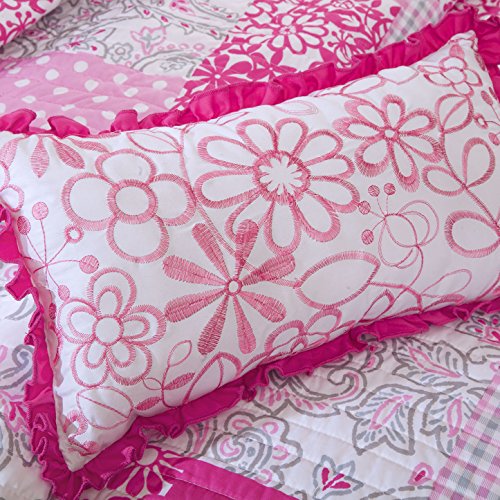 Mi-Zone Abbey Twin/Twin XL Girls Quilt Bedding Set - Hot Pink, Pieced Floral, Polka Dot, Paisley – 3 Piece Teen Girl Bedding Quilt Coverlets – Ultra Soft Microfiber Bed Quilts Quilted Coverlet